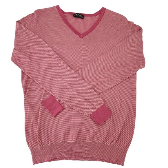 JOHN SMEDLEY Sea Island Cotton sweater V neck striped pink medium made in UK - Picture 5 of 14